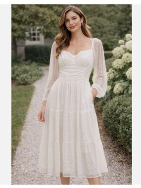 Lulu's White Swiss Dot Midi Dress with Sheer Details